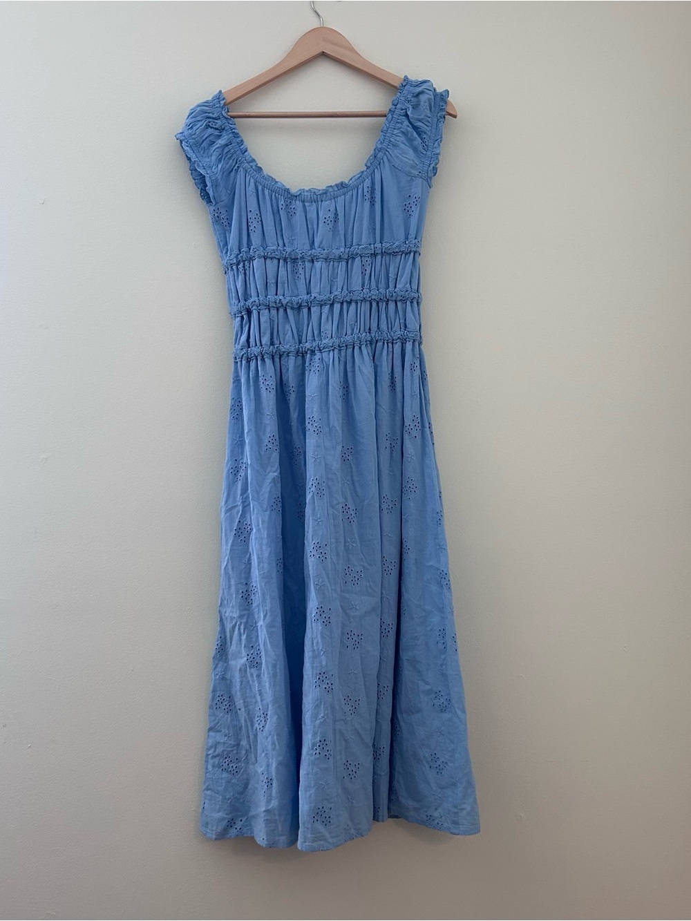 Light Blue Midi Eyelet Dress with Smocked Bodice - Picture 2 of 7